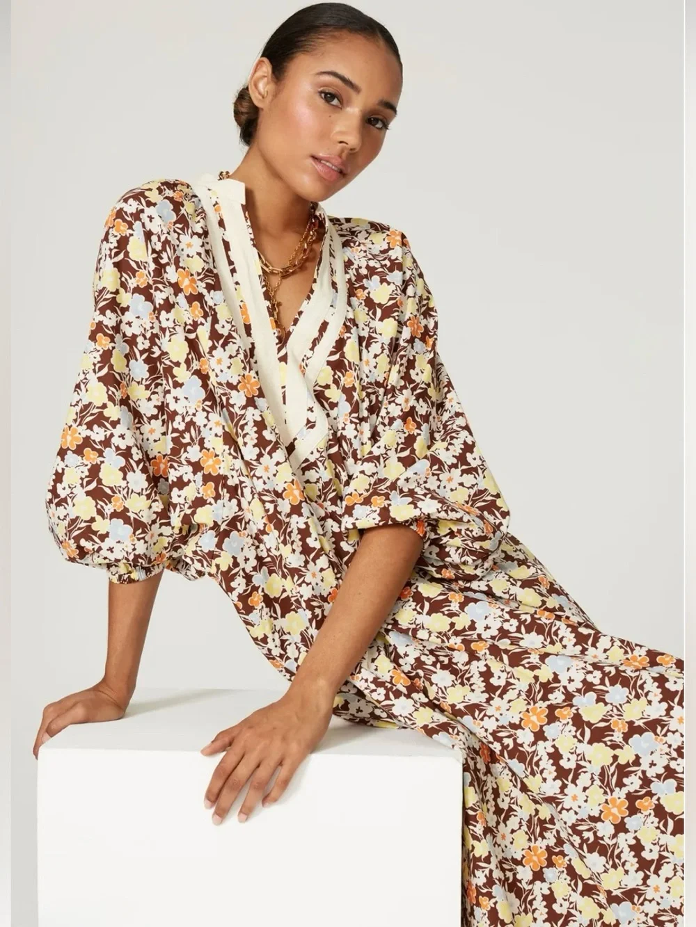NWT Tory Burch Reverie Floral Balloon Sleeve Cotton Caftan Dress Size Small